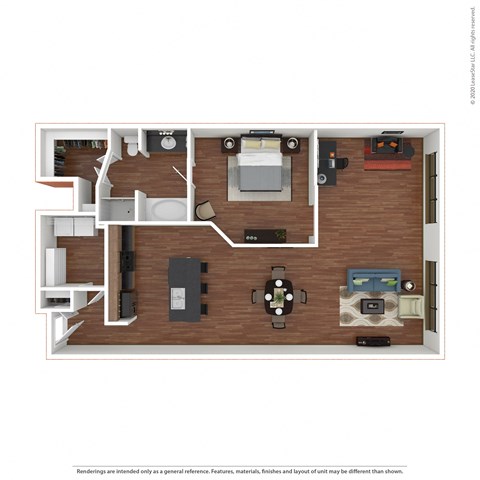 1x1 A9 a stylized floor plan with bedrooms and a living room